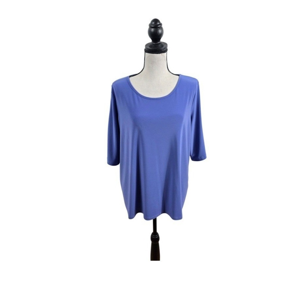 Clara Sunwoo Top Women Large Blue/Lav 3/4 Sleeve Tulip Cuff Stretch Knit Blouse